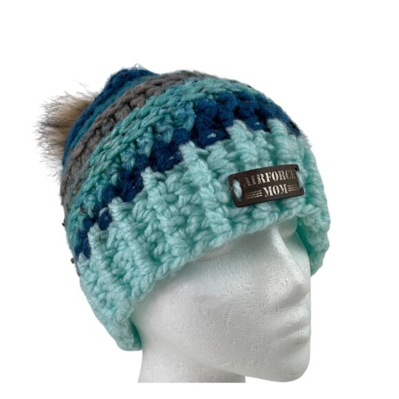 Air Force Mom Pom Beanie Adult Blue Gray Crochet Chunky Knit Warm Winter Cap - Picture 3 of 10